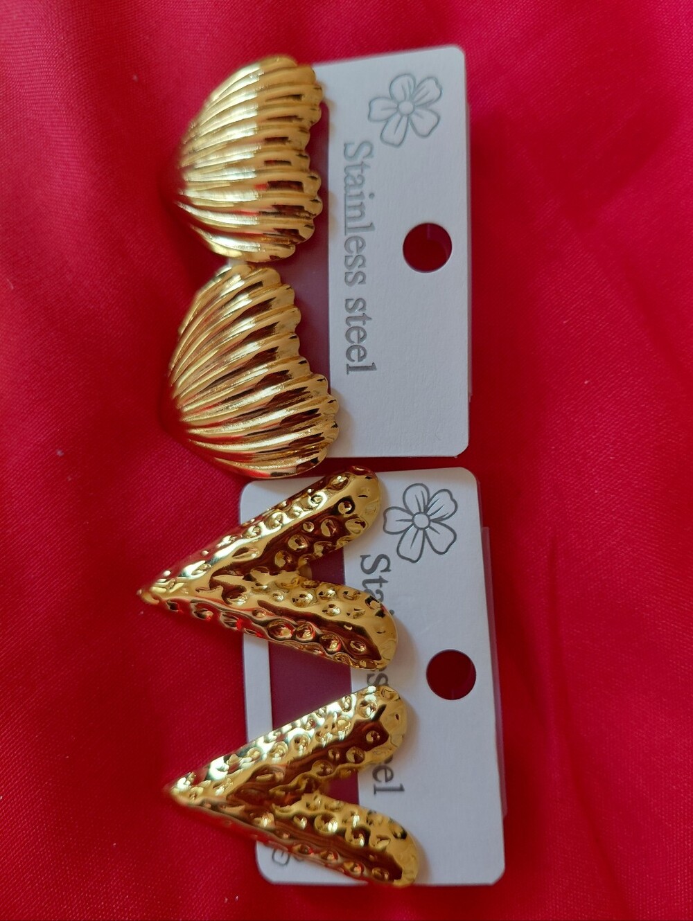 Gold Stainless Steel Women's Statement Earrings - Textured Shell & Chevron Pair